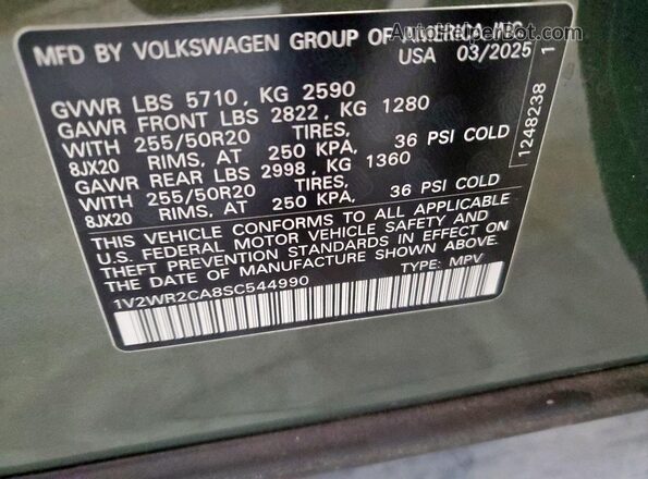 1V2WR2CA8SC544990 2025 VOLKSWAGEN ATLAS Зеленый Вид наклейки с VIN-кодом