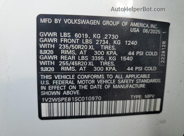 1V2WSPE81SC010970 2025 VOLKSWAGEN ID.4 White Вид наклейки з VIN-кодом