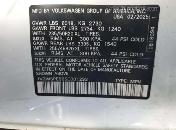 1V2WSPE86SC001293 2025 VOLKSWAGEN ID.4 White Widok naklejki z numerem VIN