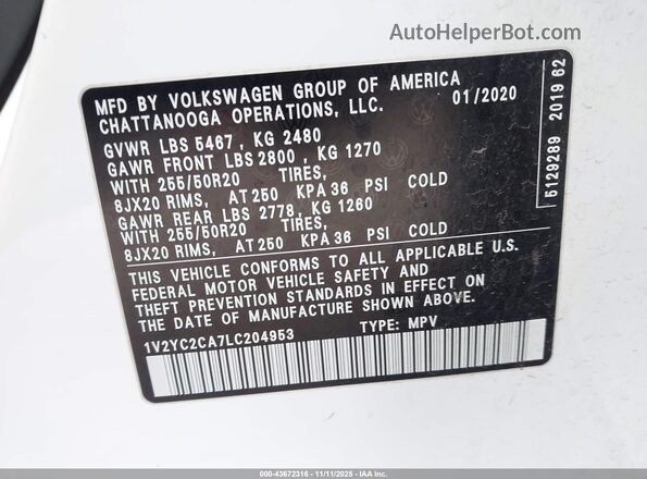1V2YC2CA7LC204953 2020 VOLKSWAGEN ATLAS White ძრავის განყოფილების ხედი