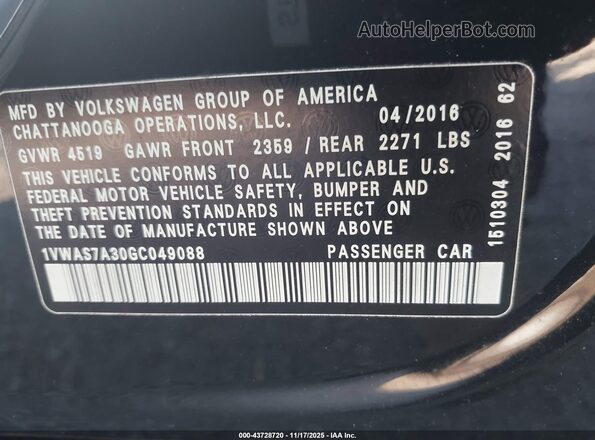 1VWAS7A30GC049088 2016 VOLKSWAGEN PASSAT Black Widok komory silnika
