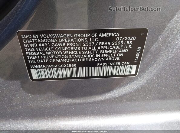 1VWMA7A35LC022866 2020 VOLKSWAGEN PASSAT Gray Engine compartment view