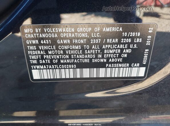 1VWMA7A37LC002893 2020 VOLKSWAGEN PASSAT Black Engine compartment view
