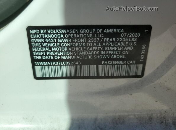 1VWMA7A37LC022643 2020 VOLKSWAGEN PASSAT White ძრავის განყოფილების ხედი