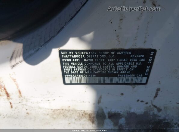 1VWSA7A33LC014336 2020 VOLKSWAGEN PASSAT White Engine compartment view