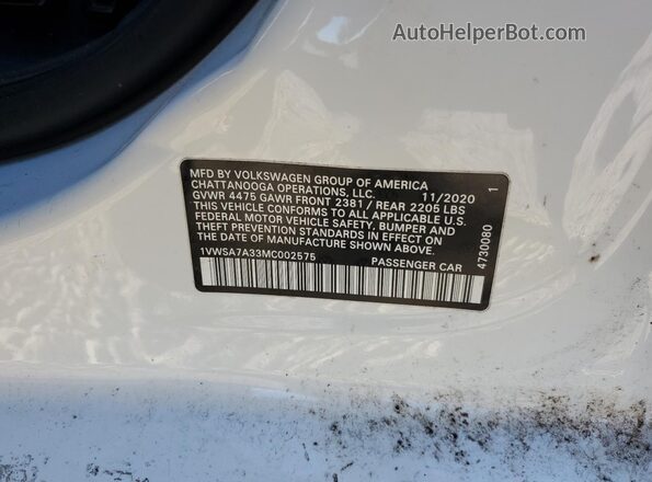 1VWSA7A33MC002575 2021 VOLKSWAGEN PASSAT White ძრავის განყოფილების ხედი