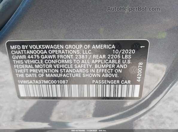 1VWSA7A37MC001087 2021 VOLKSWAGEN PASSAT Серый Вид подкапотного пространства