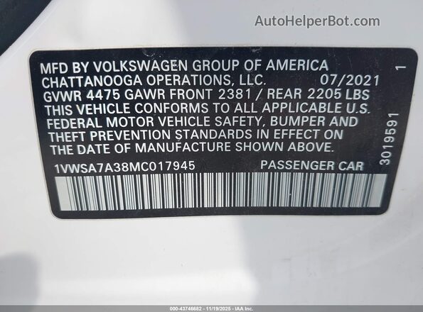 1VWSA7A38MC017945 2021 VOLKSWAGEN PASSAT White Engine compartment view
