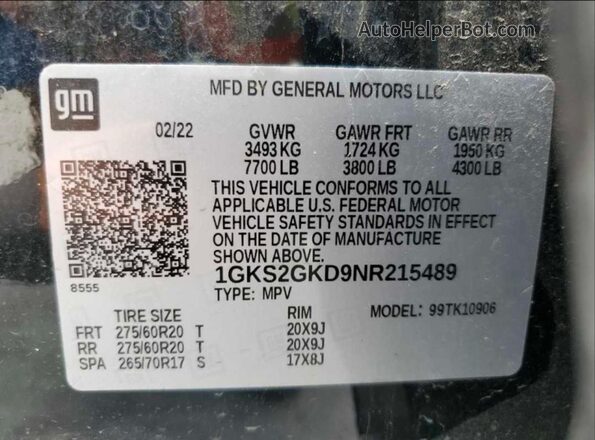 1GKS2GKD9NR215489 2022 GMC YUKON Black უკანა სალონის ხედი