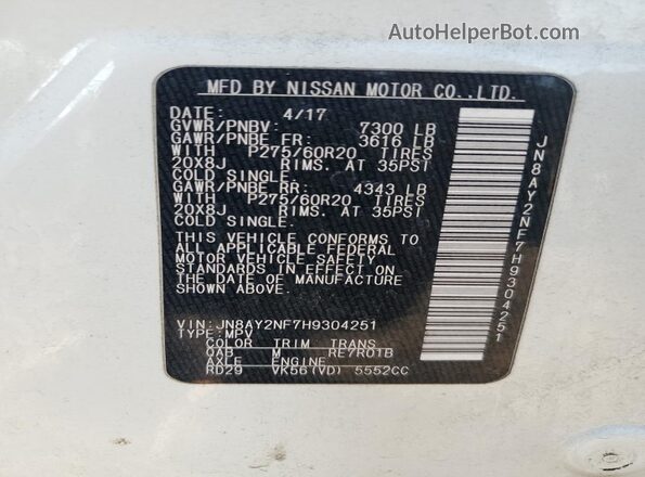 JN8AY2NF7H9304251 2017 NISSAN ARMADA White 