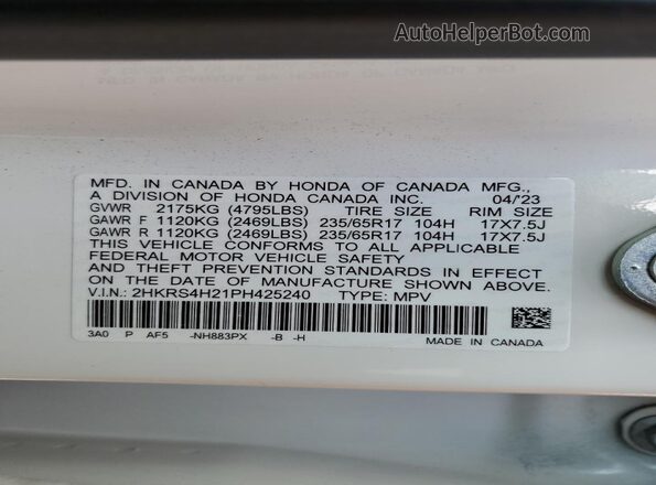 2HKRS4H21PH425240 2023 HONDA CRV Белый Панорамный вид салона 360°
