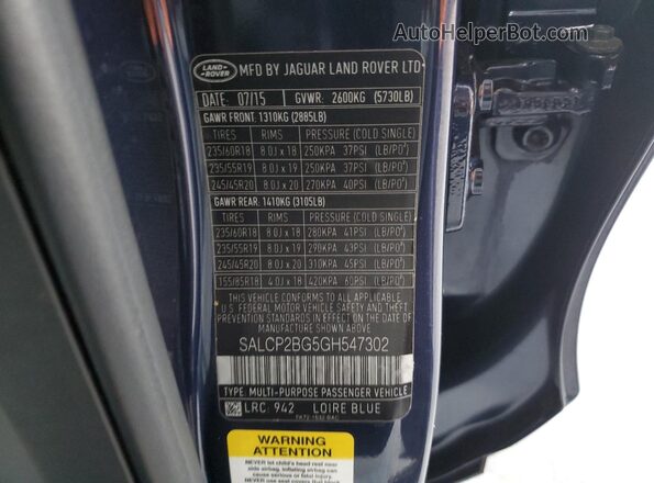 SALCP2BG5GH547302 2016 LAND ROVER DISCOVERY Blue 360 interior view