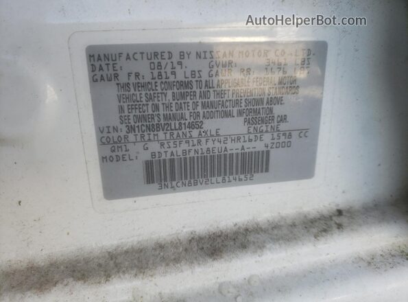 3N1CN8BV2LL814652 2020 NISSAN VERSA Белый Вид наклейки с VIN-кодом