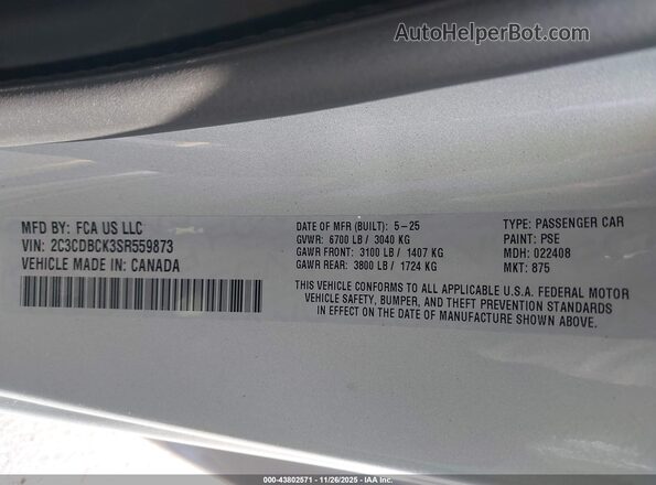2C3CDBCK3SR559873 2025 DODGE CHARGER Silver ძრავის განყოფილების ხედი