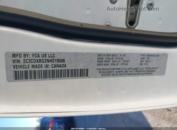 2C3CDXBG2NH219506 2022 DODGE CHARGER White Vista del compartimento del motor