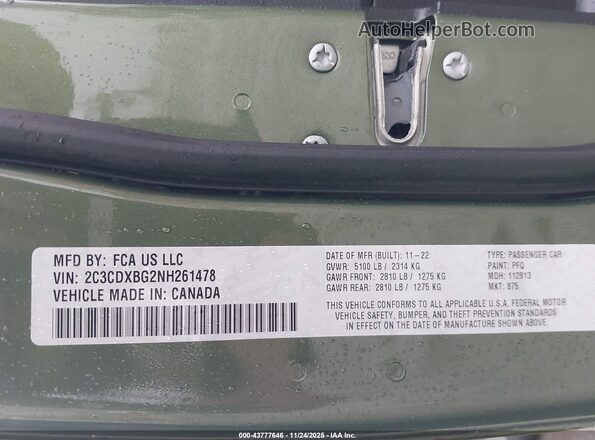 2C3CDXBG2NH261478 2022 DODGE CHARGER Зеленый Вид подкапотного пространства