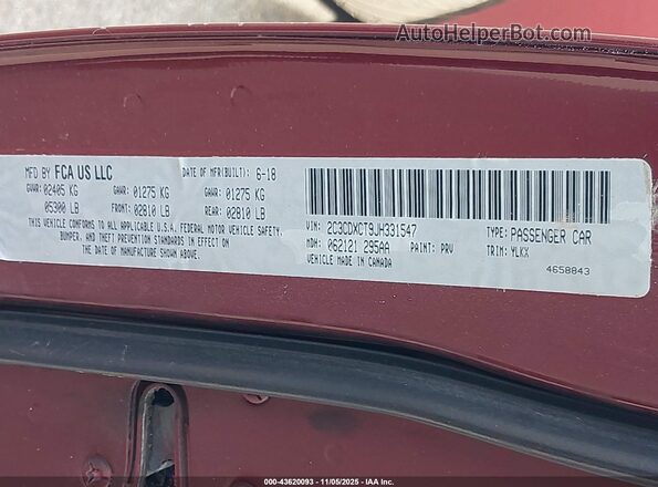 2C3CDXCT9JH331547 2018 DODGE CHARGER Burgundy 