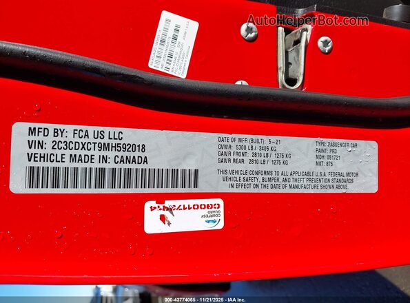 2C3CDXCT9MH592018 2021 DODGE CHARGER Red Вид підкапотного простору