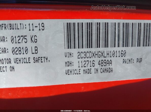 2C3CDXHGXLH101160 2020 DODGE CHARGER Red ძრავის განყოფილების ხედი