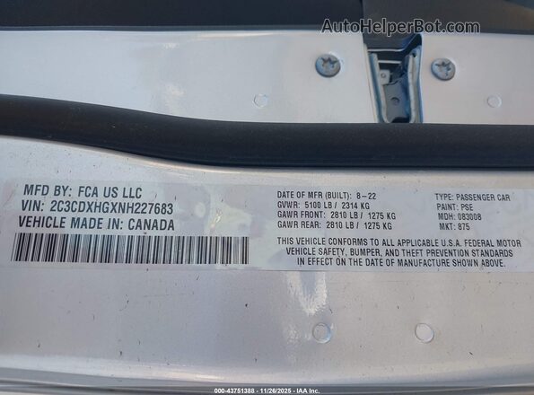 2C3CDXHGXNH227683 2022 DODGE CHARGER Silver Շարժիչի բաժամունքի տեսք