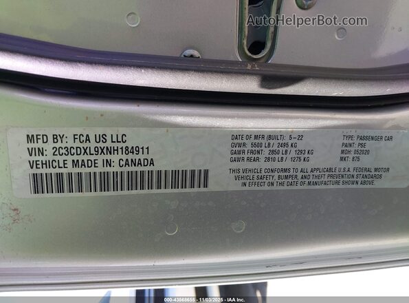 2C3CDXL9XNH184911 2022 DODGE CHARGER Silver Widok komory silnika