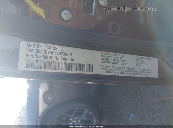2C3CDZAG4LH236205 2020 DODGE CHALLENGER Purple Vista del compartimento del motor