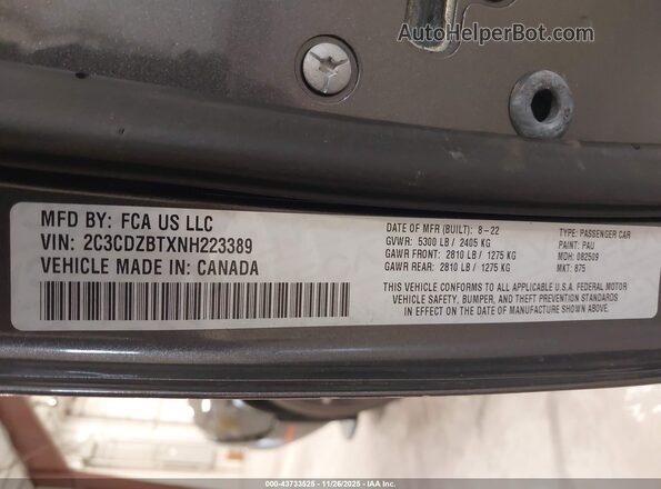 2C3CDZBTXNH223389 2022 DODGE CHALLENGER Gray Widok komory silnika