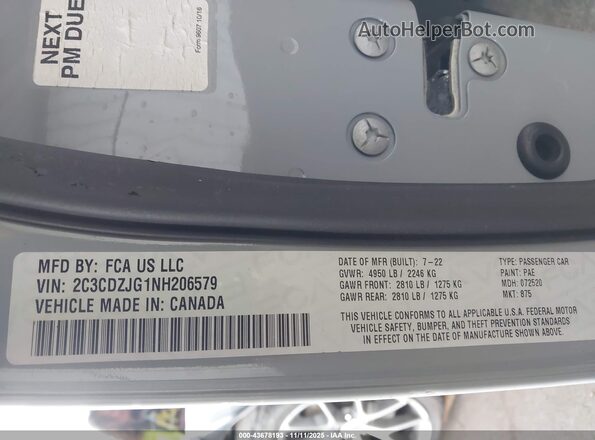 2C3CDZJG1NH206579 2022 DODGE CHALLENGER Gray Vista del compartimento del motor