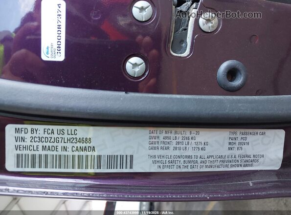 2C3CDZJG7LH234688 2020 DODGE CHALLENGER Maroon Vista del compartimento del motor