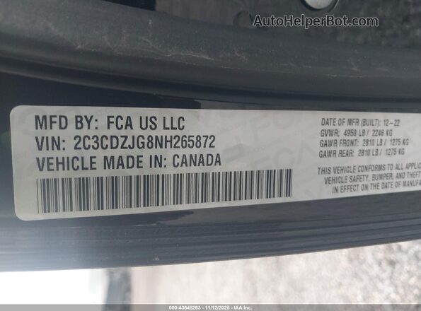 2C3CDZJG8NH265872 2022 DODGE CHALLENGER Black Вид підкапотного простору