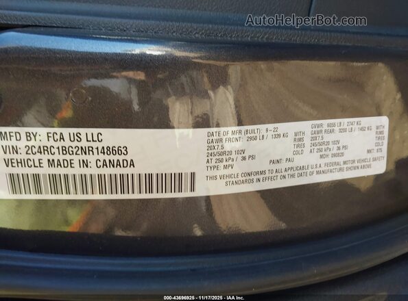2C4RC1BG2NR148663 2022 CHRYSLER PACIFICA Gray Вид підкапотного простору