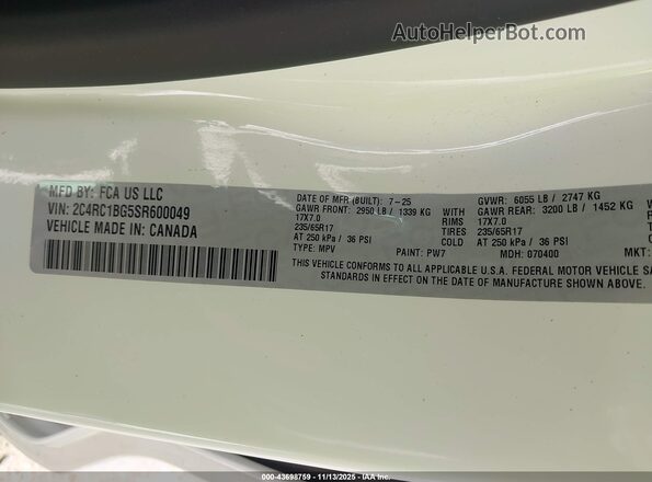 2C4RC1BG5SR600049 2025 CHRYSLER PACIFICA White Engine compartment view