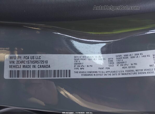 2C4RC1S7XSR572510 2025 CHRYSLER PACIFICA Серый Вид подкапотного пространства