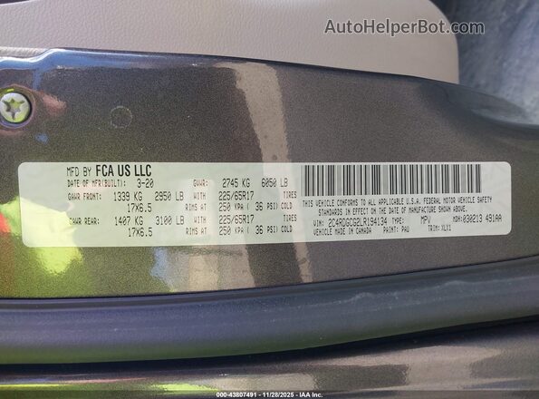 2C4RDGCG2LR194134 2020 DODGE GRAND CARAVAN Gray Widok komory silnika