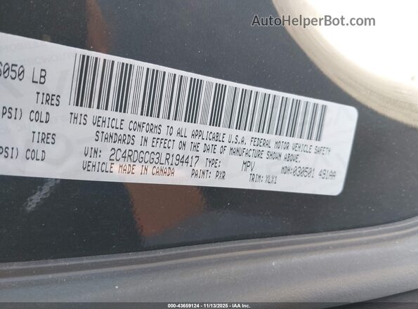 2C4RDGCG3LR194417 2020 DODGE GRAND CARAVAN Black Vista del compartimento del motor