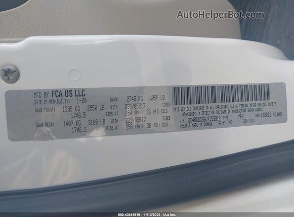2C4RDGCG6LR153912 2020 DODGE GRAND CARAVAN Белый Вид подкапотного пространства