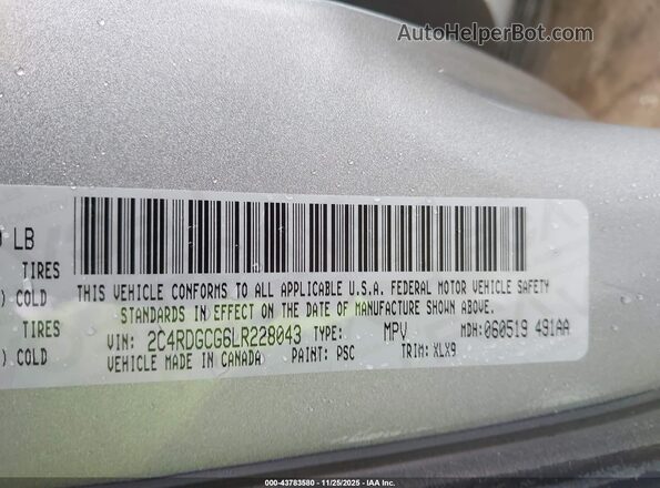 2C4RDGCG6LR228043 2020 DODGE GRAND CARAVAN Gray Vista del compartimento del motor