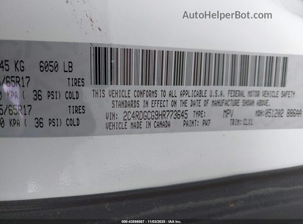 2C4RDGCG9HR773645 2017 DODGE GRAND CARAVAN Белый Вид подкапотного пространства