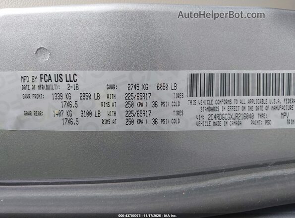 2C4RDGCGXJR216040 2018 DODGE GRAND CARAVAN Gray Widok komory silnika