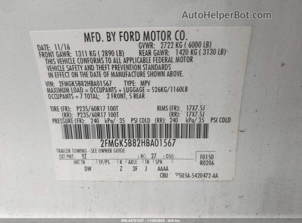 2FMGK5B82HBA01567 2017 FORD FLEX White ძრავის განყოფილების ხედი