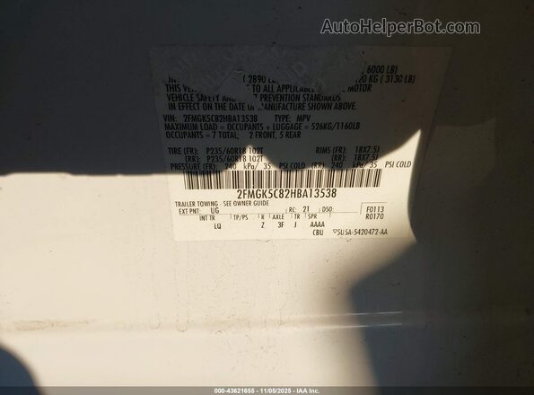 2FMGK5C82HBA13538 2017 FORD FLEX Кремовый Вид подкапотного пространства