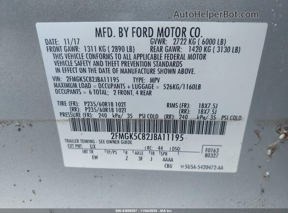 2FMGK5C82JBA11195 2018 FORD FLEX Silver 