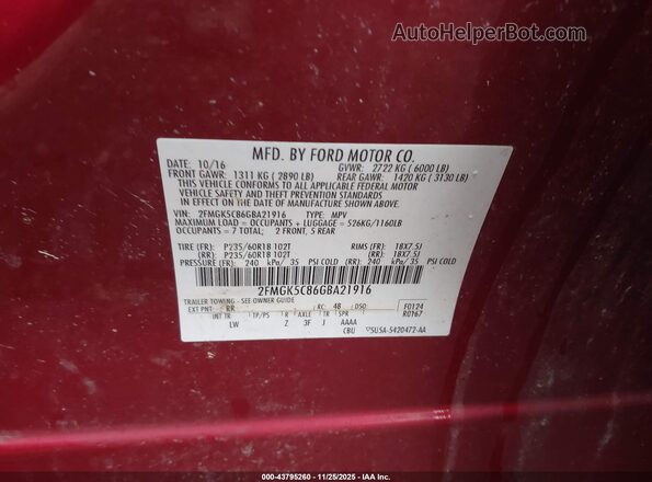 2FMGK5C86GBA21916 2016 FORD FLEX Red Widok komory silnika