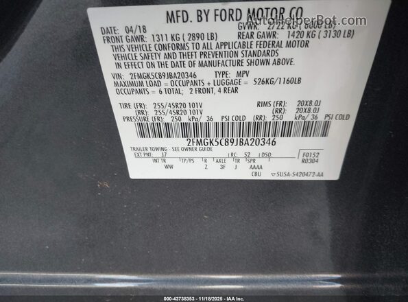 2FMGK5C89JBA20346 2018 FORD FLEX Black ძრავის განყოფილების ხედი