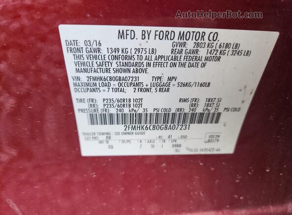 2FMHK6C80GBA07231 2016 FORD FLEX Красный Вид наклейки с VIN-кодом