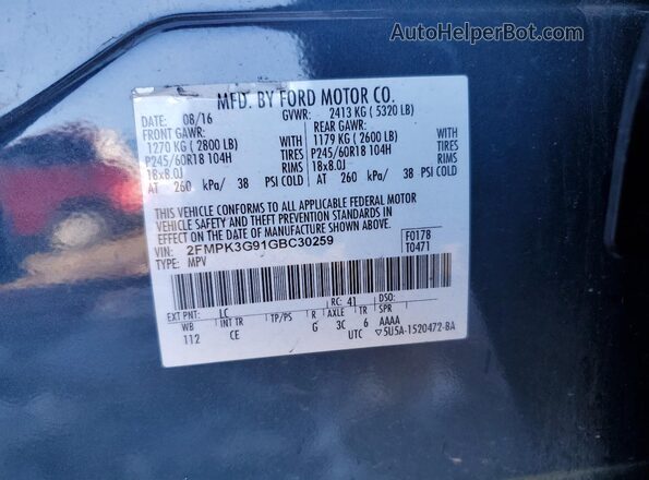 2FMPK3G91GBC30259 2016 FORD EDGE Бирюзовый Вид наклейки с VIN-кодом
