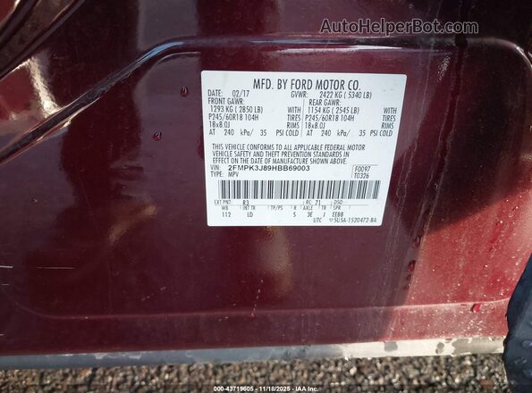 2FMPK3J89HBB69003 2017 FORD EDGE Maroon Շարժիչի բաժամունքի տեսք