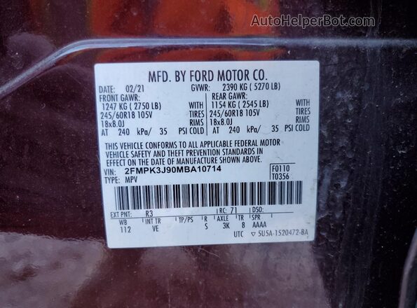 2FMPK3J90MBA10714 2021 FORD EDGE Burgundy Вид наклейки з VIN-кодом