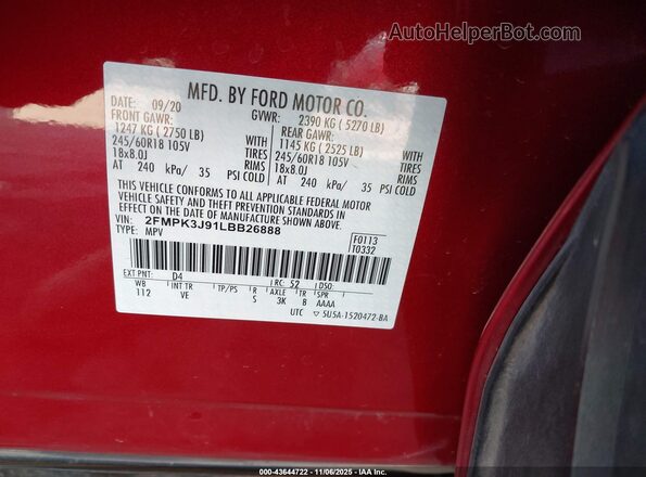 2FMPK3J91LBB26888 2020 FORD EDGE Red Engine compartment view