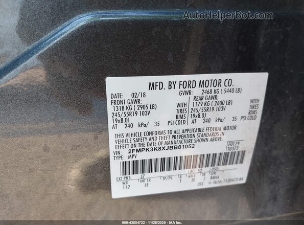 2FMPK3K8XJBB81052 2018 FORD EDGE Gray Vista del compartimento del motor